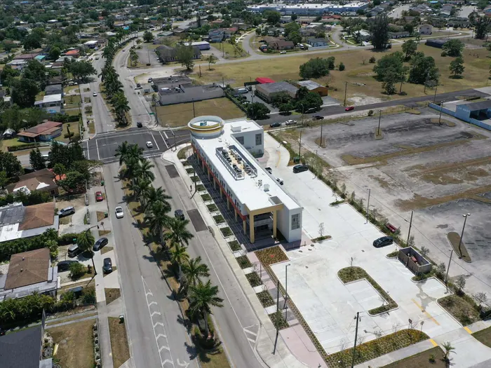Larcenia J. Bullard Plaza exterior and aerial view