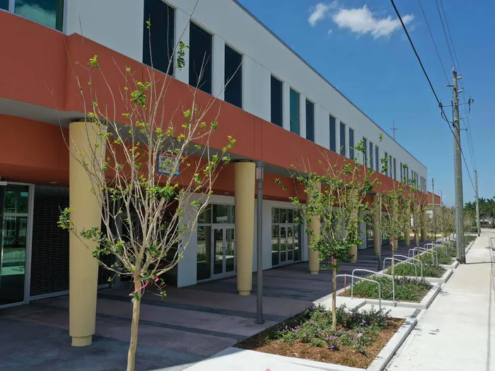 Larcenia J. Bullard Plaza exterior and aerial view