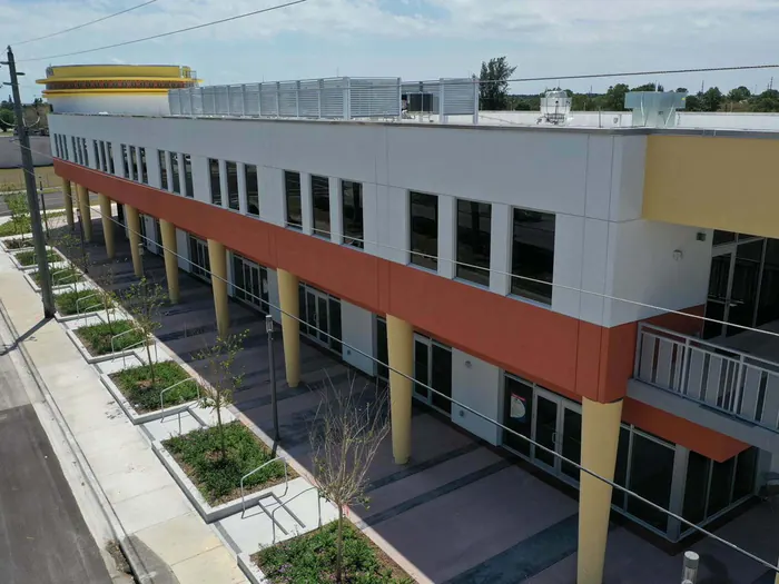 Larcenia J. Bullard Plaza exterior and aerial view