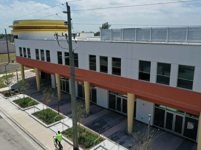 Larcenia J. Bullard Plaza exterior and aerial view