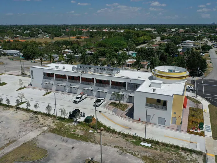 Larcenia J. Bullard Plaza exterior and aerial view