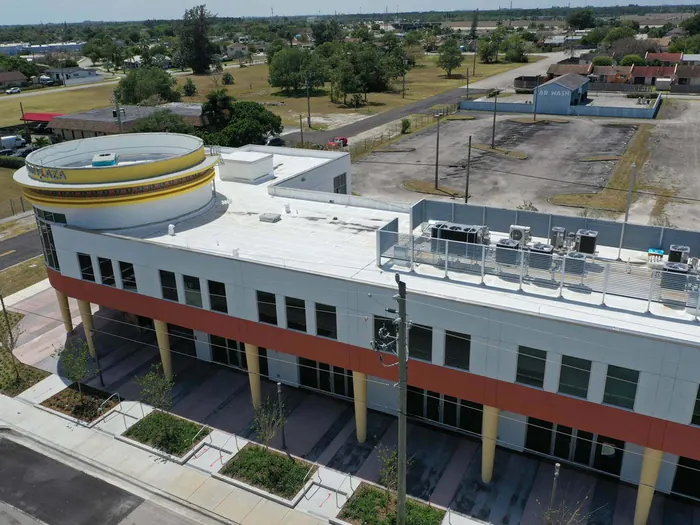 Larcenia J. Bullard Plaza exterior and aerial view